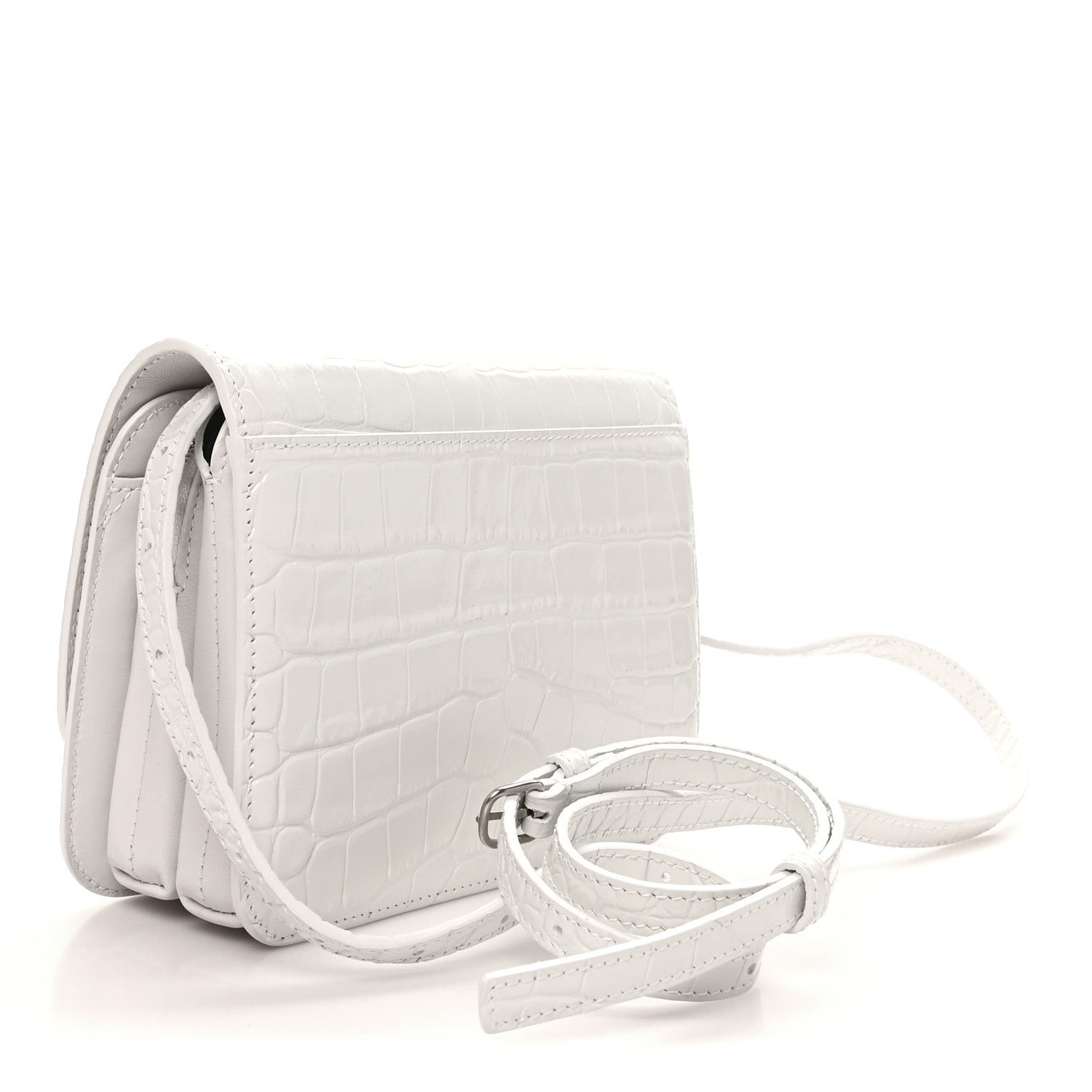 Shiny Calfskin Crocodile Embossed Small B Bag White