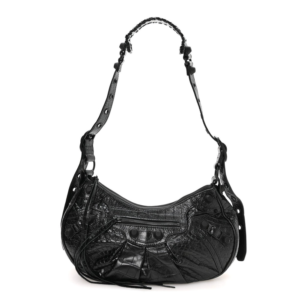 Extra Supple Calfskin Crocodile Embossed Monochrome Small Le Cagole Shoulder Bag Black