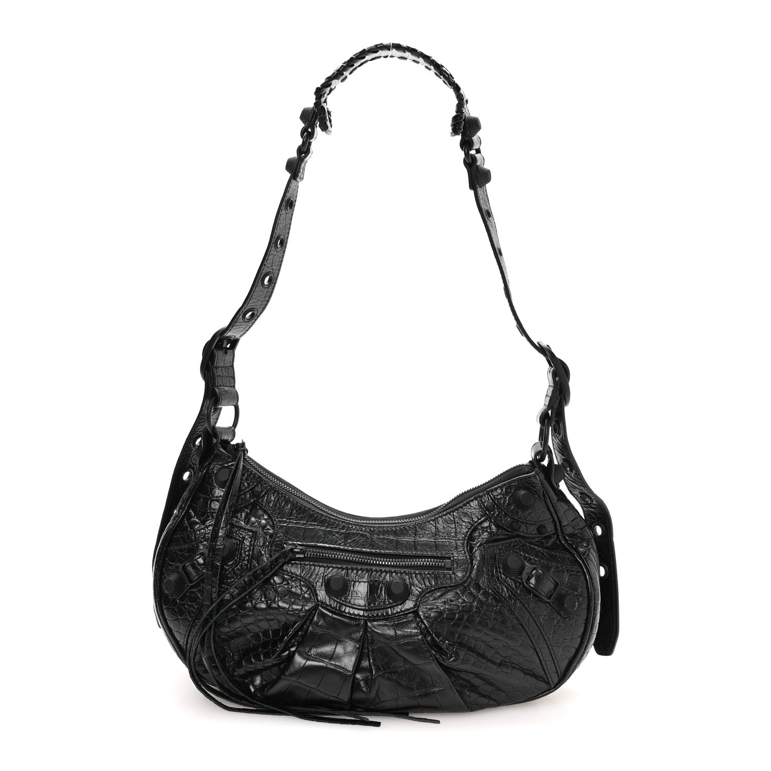 Extra Supple Calfskin Crocodile Embossed Monochrome Small Le Cagole Shoulder Bag Black