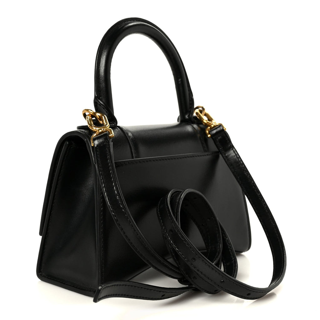 Shiny Box Calfskin Hourglass Top Handle Bag XS Black Black