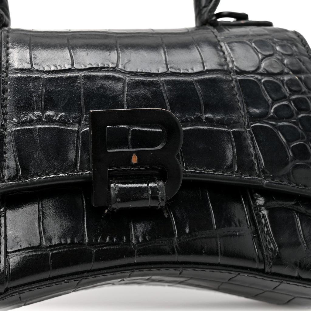 Shiny Calfskin Monochrome Crocodile Embossed Hourglass Top Handle Bag XS Black