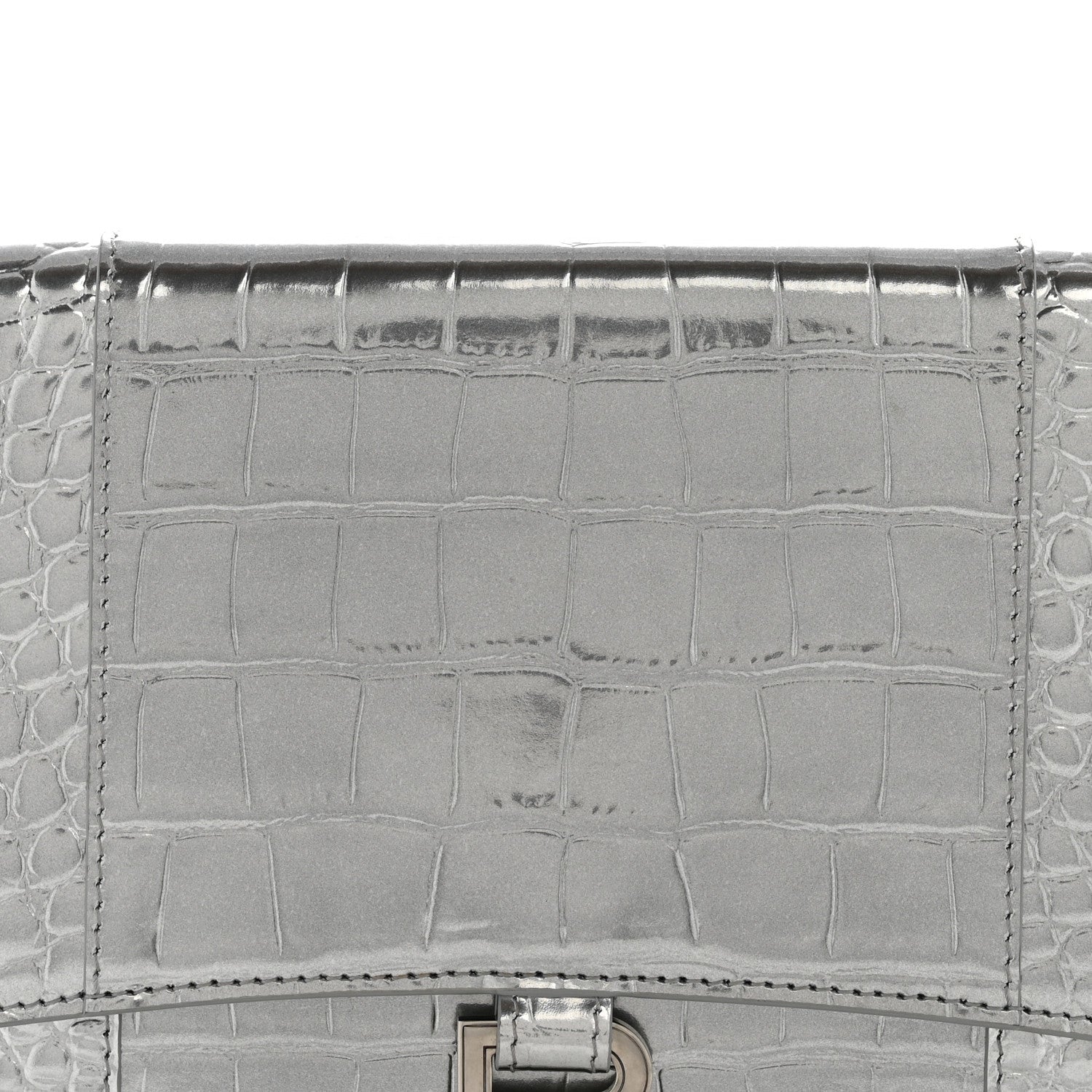 Metallic Calfskin Crocodile Embossed Hourglass Flap Flat Pouch Silver