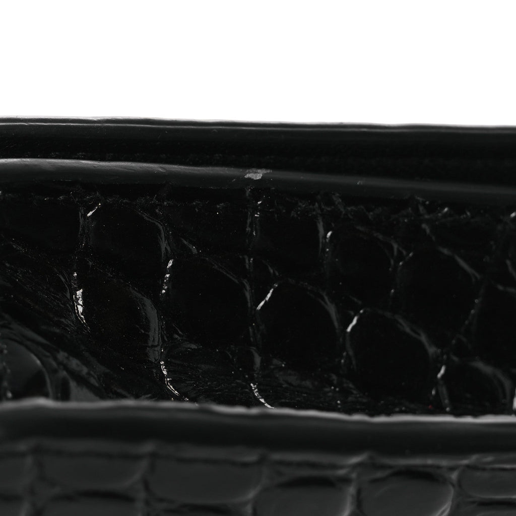 Shiny Calfskin Logo Crocodile Embossed Ville Wallet on Chain Black
