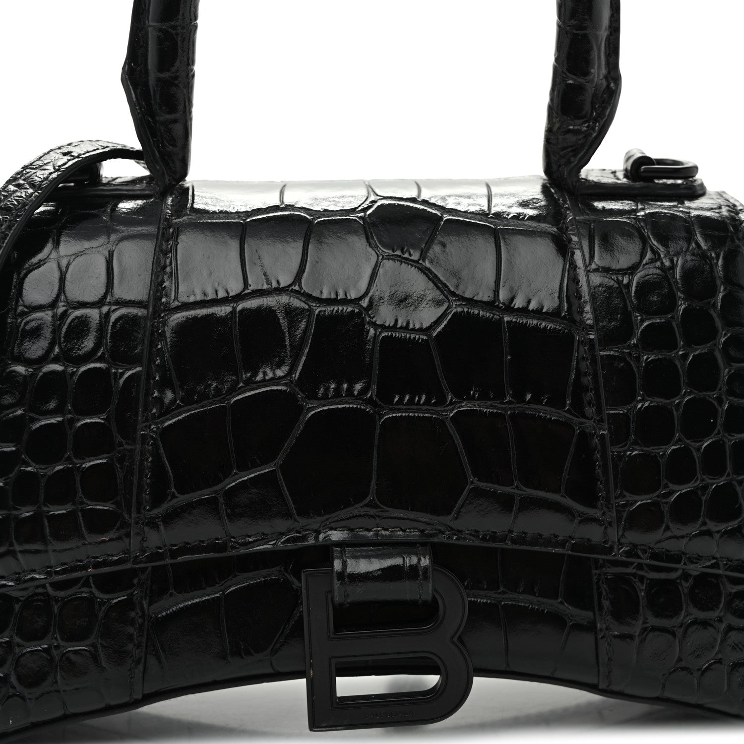 Shiny Calfskin Monochrome Crocodile Embossed Hourglass Top Handle Bag XS Black