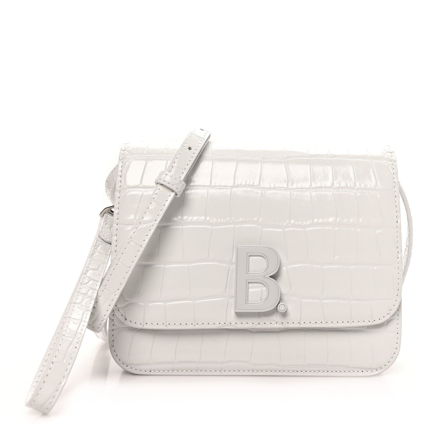 Shiny Calfskin Crocodile Embossed Small B Bag White