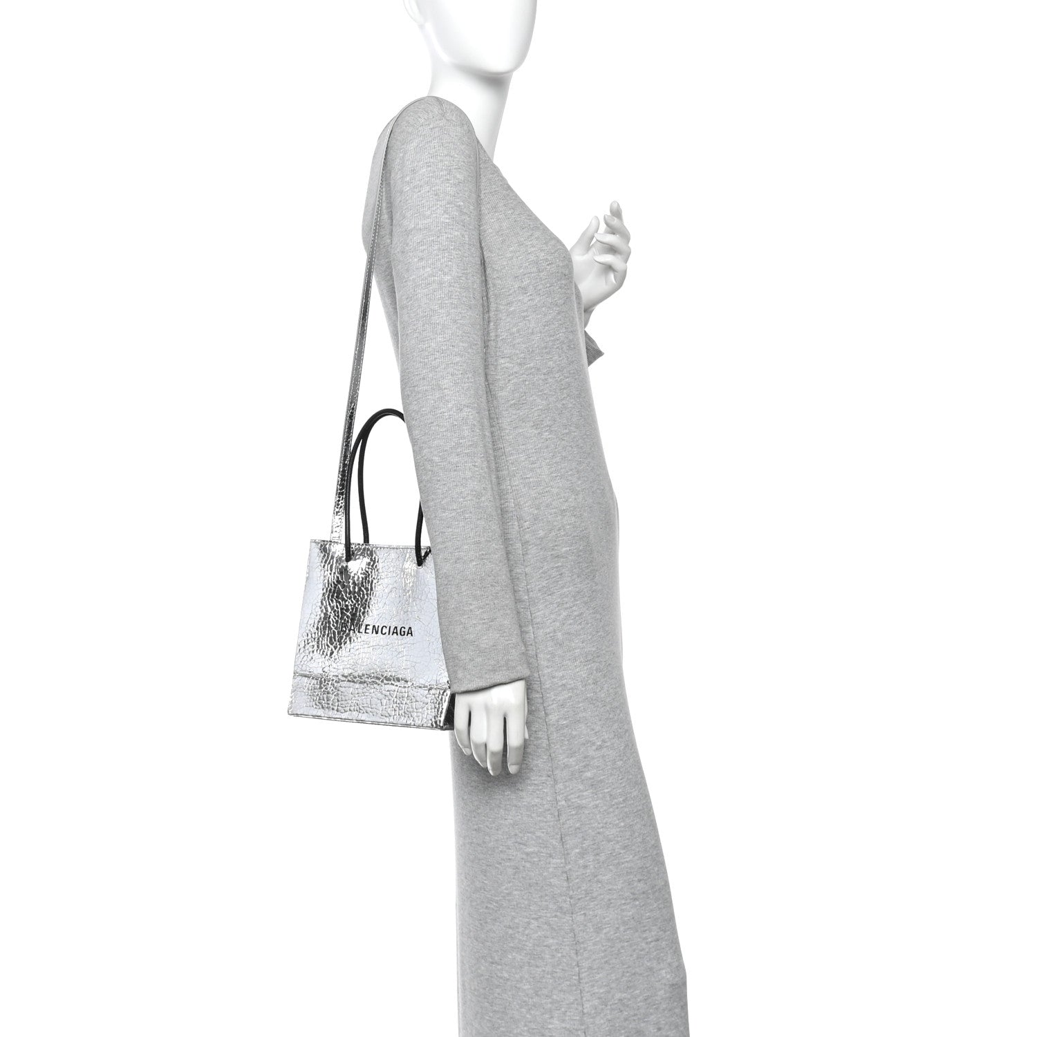 Crackled Mirror Calfskin Logo North South Shopper Tote XXS Silver