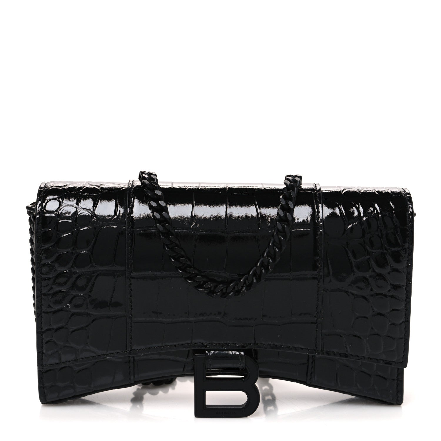 Shiny Calfskin Monochrome Crocodile Embossed Hourglass Chain Bag Black
