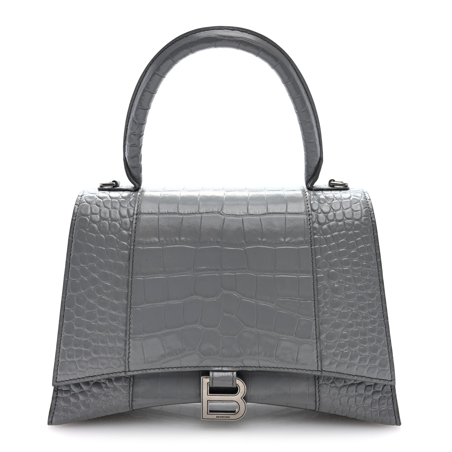 Shiny Calfskin Crocodile Embossed Medium Hourglass Top Handle Bag Balenciaga Grey